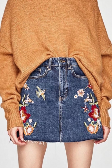 

High Rise Chic Floral Bird Embroidered Mini A-Line Denim Skirt