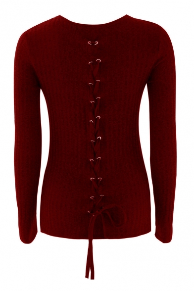 Hot Fashion Lace-Up Hollow Out Back Round Neck Long Sleeve Plain Sweater