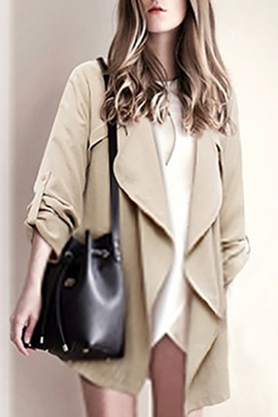 New Arrival Fashion Simple Plain Waterfall Collarless Long Sleeve Trench Coat