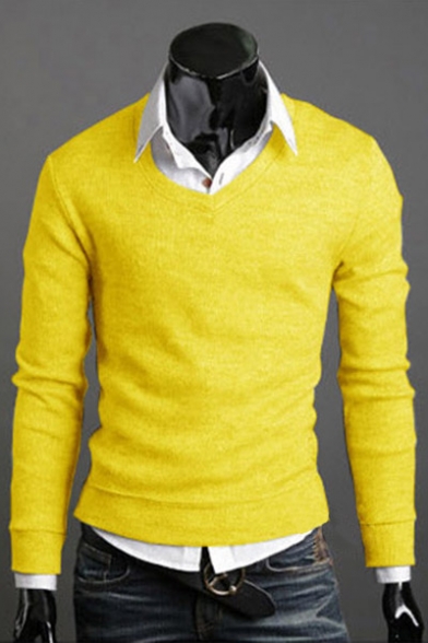 New Trendy Basic Simple Plain V Neck Long Sleeve Pullover Comfort Sweater