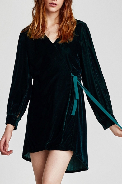 New Trendy Chic Velvet Simple Plain Long Sleeve Hoodie Mini Wrap Dress