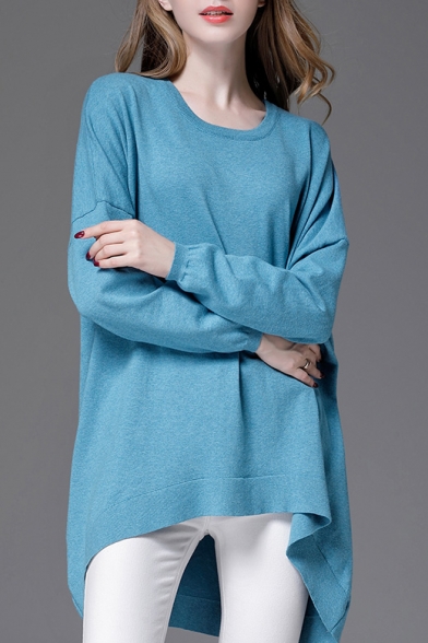 New Trendy Loose Oversize Simple Plain Round Neck Long Sleeve Dipped Hem Sweater