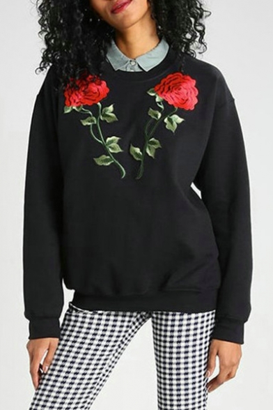 Round Neck Rose Embroidered Long Sleeve Sweatshirt