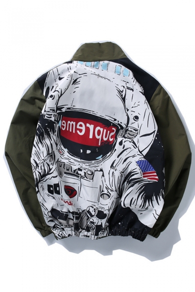 Street Style Astronaut Printed Stand-Up Collar Buttons Down Bomber Jacket