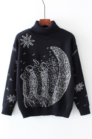 Turtle Neck Long Sleeve Fashion Star Moon Printed Pullover Comfort Sweater