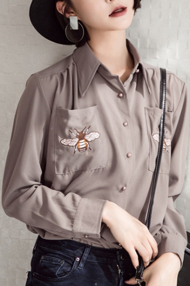 Chic Bee Embroidered Pockets Long Sleeve Lapel Collar Buttons Down Shirt