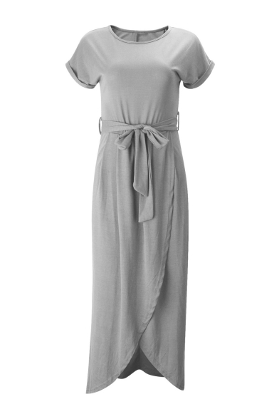 Elegant Round Neck Short Sleeve Belt Waist Plain Asymmetric Dress