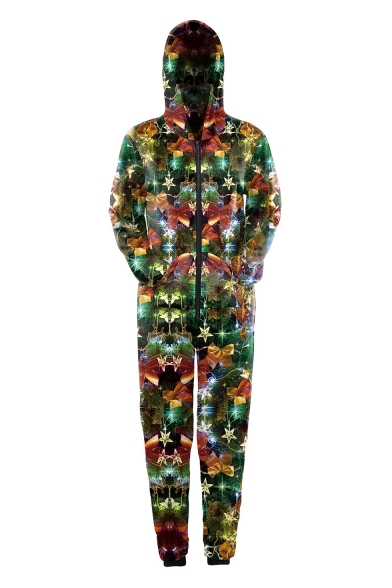Fashion Christmas Trees Stars Pattern Long Sleeve Hooded Zip Up Jumpsuits