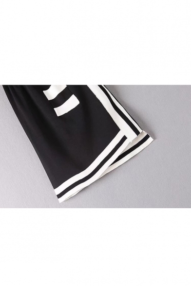 Fashion Color Block Knit V Neck Long Sleeve Sweater with Mini Elastic Waist Skirt