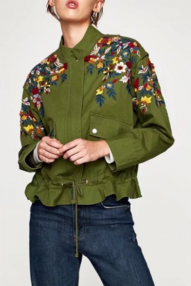 Fashion Floral Embroidered Stand-Up Collar Long Sleeve Casual Jacket