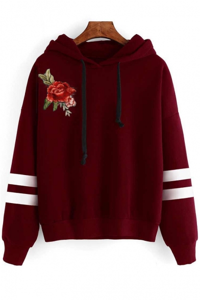 Floral Embroidered Striped Pattern Long Sleeve Leisure Loose Hoodie