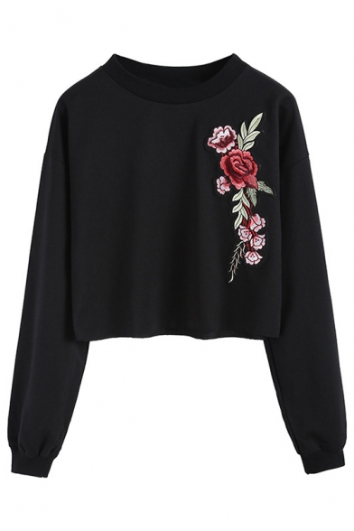 Hot Fashion Chic Rose Embroidered Round Neck Long Sleeve Cropped Sweatshirt