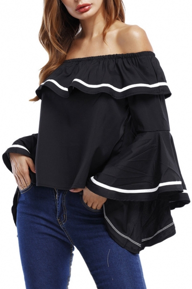 Color Block Striped Pattern Off The Shoulder Ruffle Hem Flared Sleeve Blouse