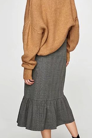 New Arrival Fashion Asymmetrical Ruffle Hem Buttons Down Midi Plain Skirt