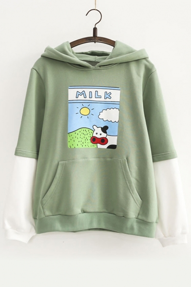New Arrival Fashion Color Block Cartoon Printed Long Sleeve Cotton Hoodie