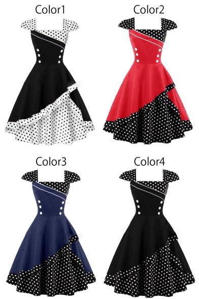 New Fashion Vintage Square Neck Cap Sleeve Color Block Polka Dot Print Flared Dress