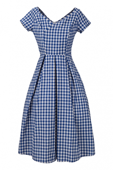 New Trendy Vintage Plaids Pattern V Neck Short Sleeve Midi Flared Dress