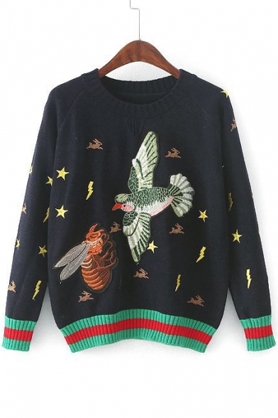 Round Neck Long Sleeve Bird Bee Embroidered Casual Loose Pullover Sweater