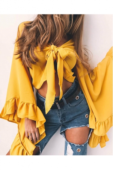 Sexy Plunge Neck Bow Tied Front Fashion Ruffle Long Sleeve Cropped Blouse