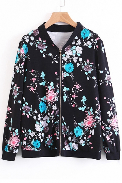 Stand-Up Collar Long Sleeve Fashion Floral Pattern Zip Up Baseball Jacket