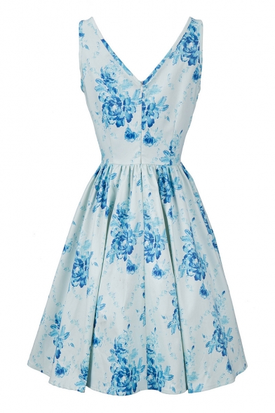 Vintage Floral Pattern V Neck Sleeveless Elegant Midi Fit Flare Dress