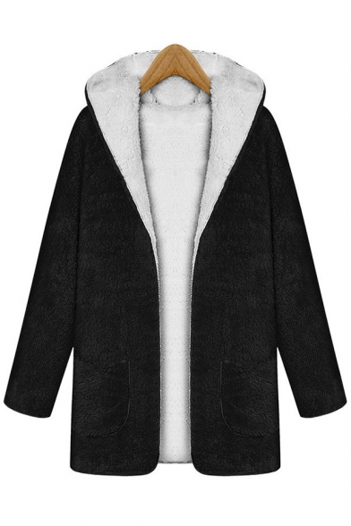 Winter's New Fashion Warm Simple Plain Hooded Fur Coat with Double Pockets