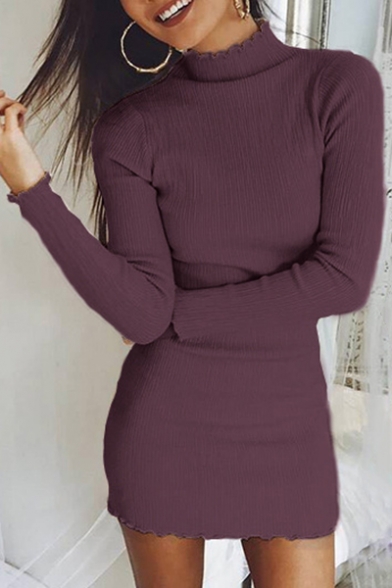 Basic Simple Plain Mock Neck Long Sleeve Mini Bodycon Knit Dress