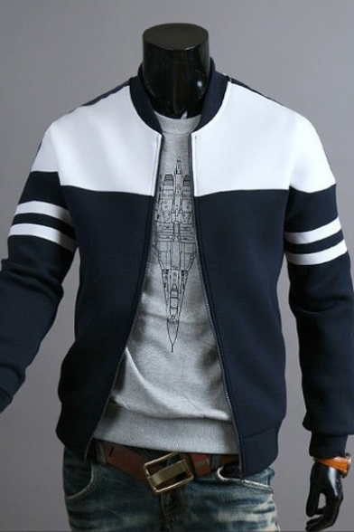 Chic Color Block Stand-Up Collar Long Sleeve Casual Zip Up Jacket