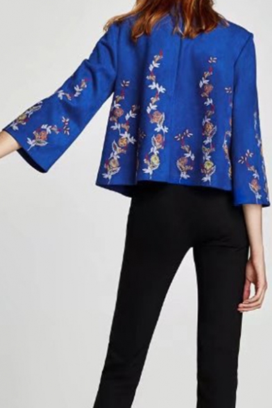 Chic Floral Embroidered Mock Neck 3/4 Sleeve Loose Leisure Pullover Blouse