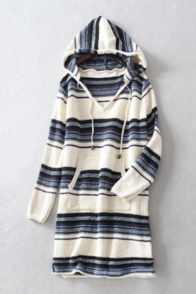 Classic Striped Pattern Long Sleeve Hooded Midi Shift Knit Dress