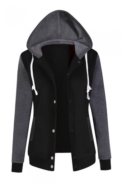 Fashion Color Block Hooded Long Sleeve Single Breasted Comfort Coat