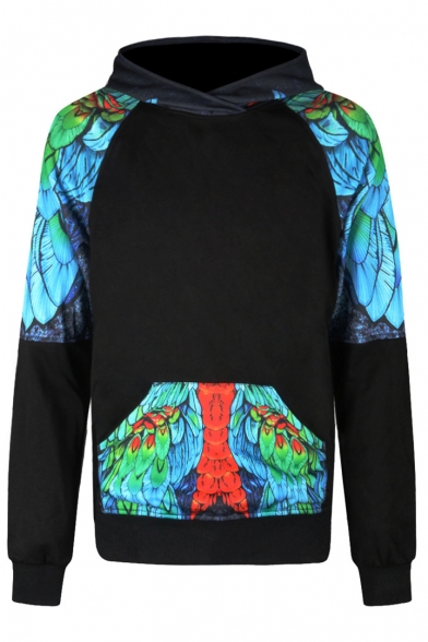 Fashion Color Block Parrot Pattern Unisex Long Sleeve Hoodie with Pockets