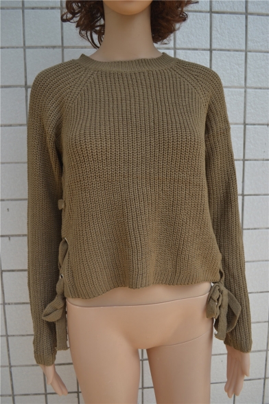 Fashion Grommet Lace-Up Side Long Sleeve Round Neck Basic Plain Sweater