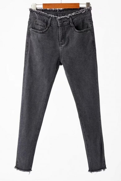 Fashion Raw Edge Basic Simple Plain Skinny Jeans Pants