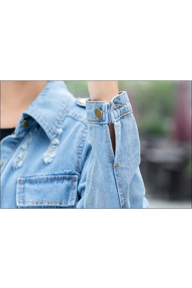 Fashion Ripped Out Simple Plain Long Sleeve Lapel Collar Buttons Down Denim Coat