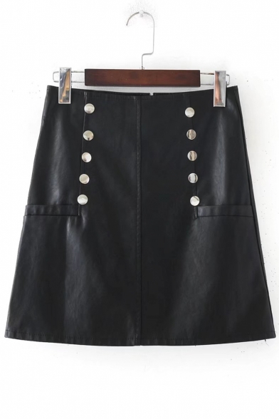 High Rise Simple Plain Fashion Double Breasted Mini A-Line PU Skirt