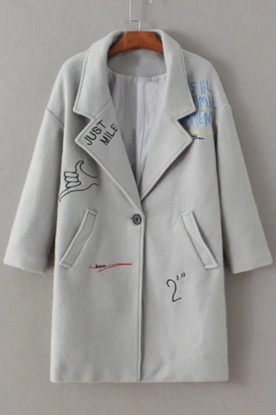 Letter Embroidered Long Sleeve Notched Lapel Collar Woolen Coat with Single Button