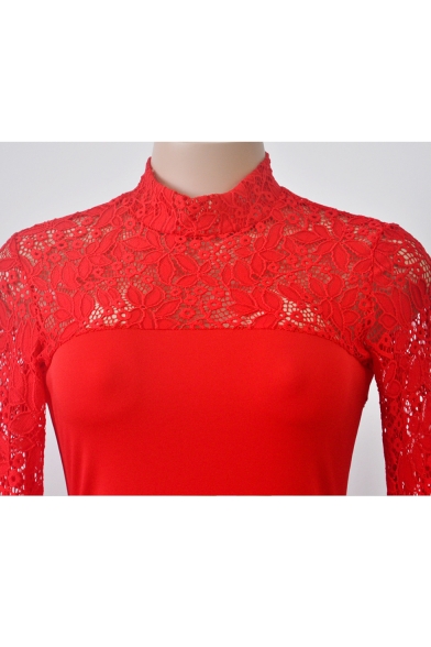 New Arrival Graceful High Neck Long Sleeve Lace Inserted Plain Midi Bodycon Dress