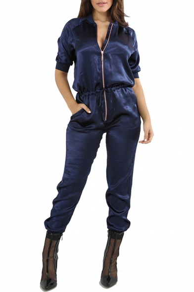 New Collection Hot Fashion Simple Plain Short Sleeve Zip Up Collar Jumpsuits