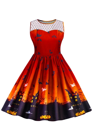 New Stylish Halloween Cartoon Pumpkin Printed Fit Flared Midi Dress