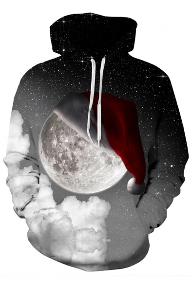 New Trendy Digital Galaxy Christmas Hat Moon Pattern Hoodie for Couple