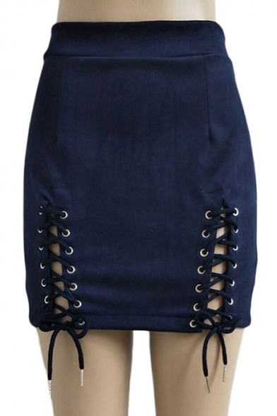 New Trendy Fashion Grommet Lace-Up Side Simple Plain Mini Bodycon Skirt