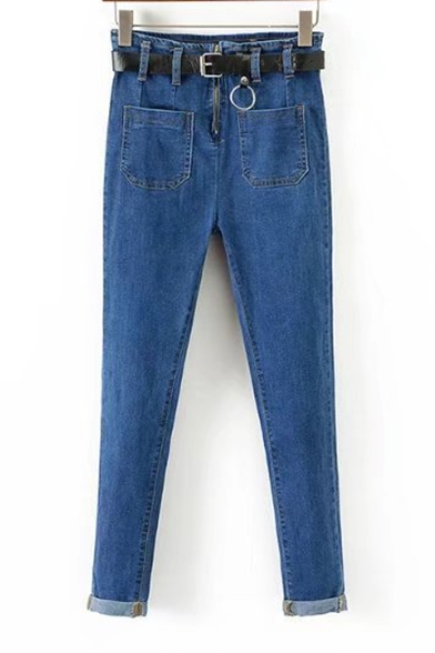 Basic Simple Plain High Waist Belt Waist Skinny Jeans with Pockets
