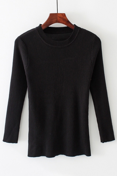 Basic Simple Plain Round Neck Long Sleeve Slim Pullover Sweater