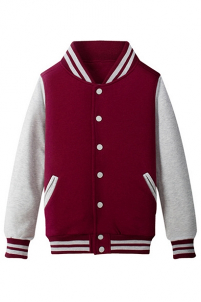 Basic Simple Stand-Up Collar Long Sleeve Color Block Buttons Down Baseball Jacket