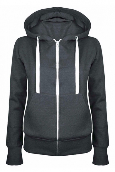 Basic Zip-Up Plain Long Sleeve Hoodie with Pockets