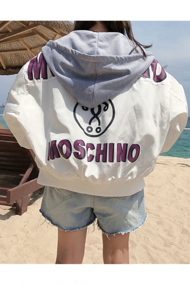 Casual Leisure Color Block Letter Printed Long Sleeve Hooded Zip Up Coat