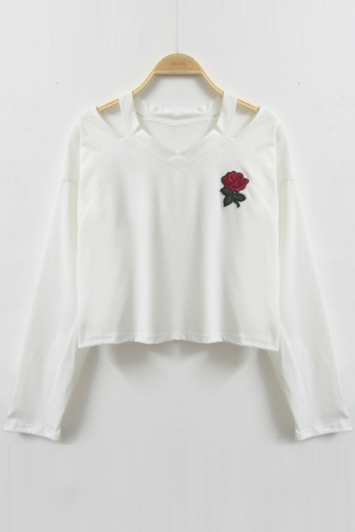 Chic Floral Embroidered V Neck Long Sleeve Casual Cropped T-Shirt