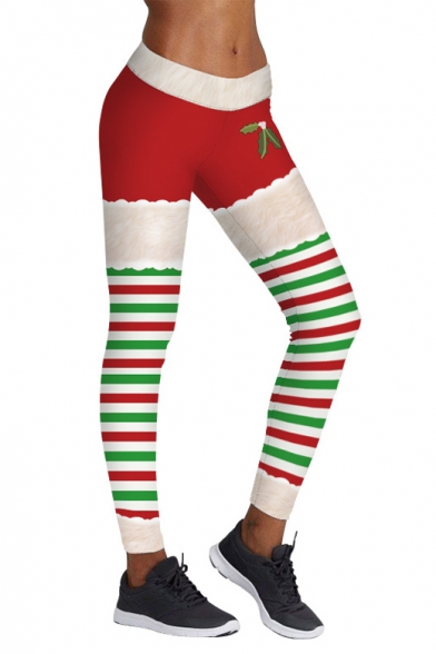 Christmas Theme Fashion Striped Printed Elastic Waist Skinny Leggings