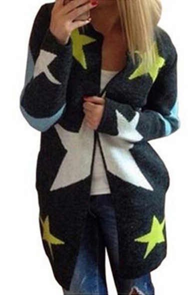 Color Block Long Sleeve Stars Pattern Round Neck Open Front Cardigan